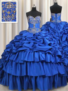 Edgy Sleeveless Taffeta With Brush Train Lace Up Quince Ball Gowns in Royal Blue with Beading and Ruffled Layers and Pick Ups