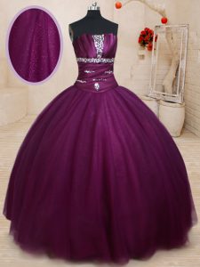 Exquisite Strapless Sleeveless Lace Up Sweet 16 Dress Dark Purple Tulle