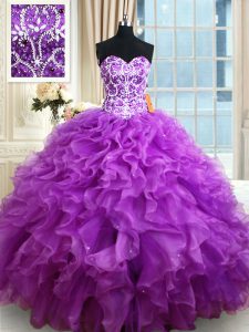 Adorable Eggplant Purple Organza Lace Up Sweetheart Sleeveless Floor Length Ball Gown Prom Dress Beading and Ruffles