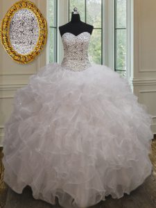 White Ball Gowns Beading and Ruffles 15 Quinceanera Dress Lace Up Organza Sleeveless Floor Length