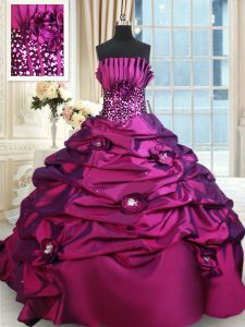 Inexpensive Strapless Sleeveless Taffeta Quince Ball Gowns Beading and Sequins Brush Train Lace Up