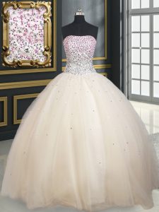 Trendy Strapless Sleeveless Tulle 15th Birthday Dress Beading Lace Up