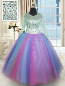 Shining Scoop Long Sleeves Floor Length Beading Lace Up Quinceanera Dresses with Multi-color
