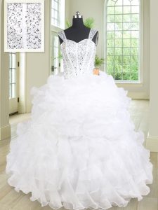 Straps White Lace Up Vestidos de Quinceanera Beading and Ruffles Sleeveless Floor Length