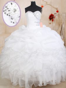 Traditional White Zipper Sweetheart Beading and Ruffles and Pick Ups Quinceanera Gown Organza Sleeveless