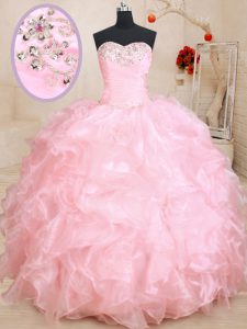 Floor Length Lace Up Court Dresses for Sweet 16 Baby Pink for Military Ball and Sweet 16 and Quinceanera with Beading and Ruffles