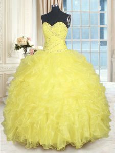 New Style Organza Sweetheart Sleeveless Lace Up Beading and Ruffles Sweet 16 Dresses in Yellow