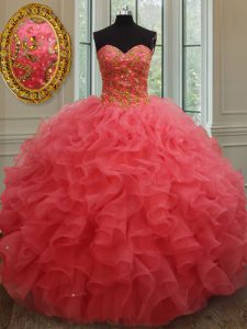 Ideal Coral Red Ball Gowns Beading and Ruffles Vestidos de Damas Lace Up Organza Sleeveless Floor Length