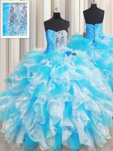 Colorful Blue And White Organza Lace Up Vestidos de Quinceanera Sleeveless Floor Length Ruffles and Sequins