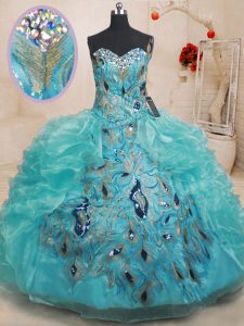Trendy Teal Sweetheart Neckline Beading and Embroidery and Ruffles Sweet 16 Quinceanera Dress Sleeveless Zipper