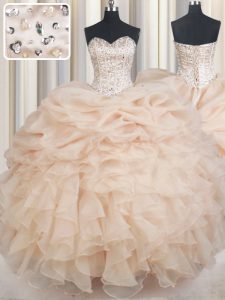 Classical Champagne Sweet 16 Dress Military Ball and Sweet 16 and Quinceanera and For with Beading and Ruffles and Pick Ups Sweetheart Sleeveless Lace Up