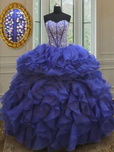 Inexpensive Royal Blue Ball Gowns Sweetheart Sleeveless Organza Floor Length Lace Up Beading and Ruffles Ball Gown Prom Dress