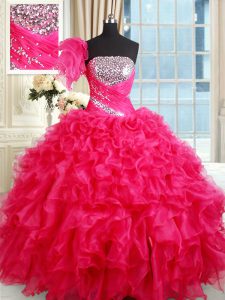 Sequins Strapless Sleeveless Lace Up 15th Birthday Dress Hot Pink Organza