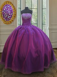 Purple Sleeveless Floor Length Beading Lace Up 15 Quinceanera Dress