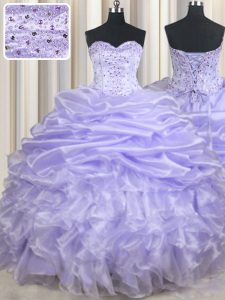 Sleeveless Organza Floor Length Lace Up Sweet 16 Dress in Lavender with Beading and Ruffles and Pick Ups