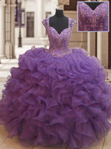Eggplant Purple Ball Gowns Organza Straps Cap Sleeves Beading and Ruffles Floor Length Zipper 15th Birthday Dress