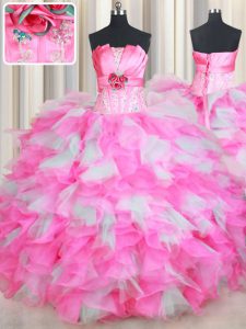 Attractive Pink And White Sleeveless Floor Length Beading and Ruffles and Hand Made Flower Lace Up Sweet 16 Dress