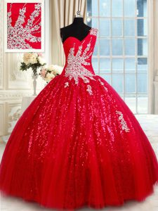 Best Red Tulle Lace Up One Shoulder Sleeveless Floor Length Quinceanera Gowns Beading and Appliques