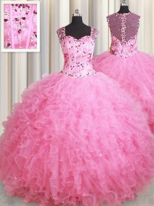 Straps Floor Length Zipper Vestidos de Quinceanera Rose Pink for Military Ball and Sweet 16 and Quinceanera with Beading and Ruffles