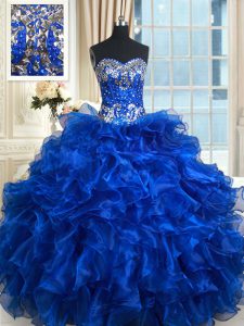 Ruffled Floor Length Royal Blue Quince Ball Gowns Sweetheart Sleeveless Lace Up