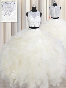 High Quality Champagne Lace Up Scoop Beading and Ruffles Quinceanera Gowns Organza Sleeveless