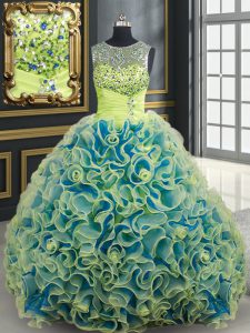 Scoop See Through Fabric with Rolling Flowers Sleeveless Beading and Sequins Lace Up Ball Gown Prom Dress with Yellow Green Brush Train