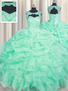 Extravagant Apple Green Quinceanera Gown Military Ball and Sweet 16 and Quinceanera and For with Beading and Ruffles and Pick Ups Scoop Sleeveless Lace Up