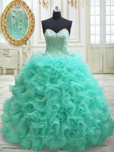 Captivating Apple Green Ball Gowns Sweetheart Sleeveless Organza Brush Train Lace Up Beading and Ruffles Vestidos de Quinceanera