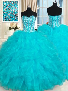 Aqua Blue Ball Gowns Beading and Ruffles 15 Quinceanera Dress Lace Up Organza Sleeveless Floor Length