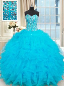 Great Baby Blue Organza Lace Up Sweet 16 Quinceanera Dress Sleeveless Floor Length Beading and Ruffles