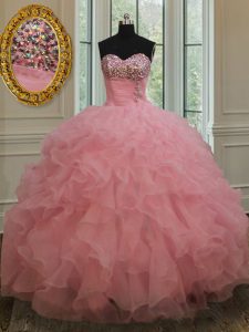 Sequins Ball Gowns Sleeveless Baby Pink Party Dress Lace Up