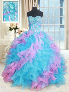 Sleeveless Floor Length Beading and Appliques and Ruffles Lace Up Ball Gown Prom Dress with Multi-color