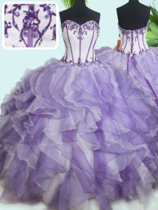 Comfortable Beading and Ruffles Quince Ball Gowns White And Purple Lace Up Sleeveless Floor Length