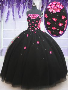 Glorious Black Sleeveless Tulle Lace Up 15 Quinceanera Dress for Military Ball and Sweet 16 and Quinceanera