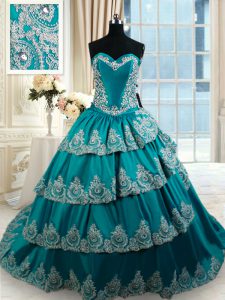 High Class Ruffled Floor Length Ball Gowns Sleeveless Teal Quinceanera Gown Lace Up