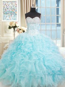 Latest Light Blue Sleeveless Organza Lace Up Sweet 16 Quinceanera Dress for Military Ball and Sweet 16 and Quinceanera