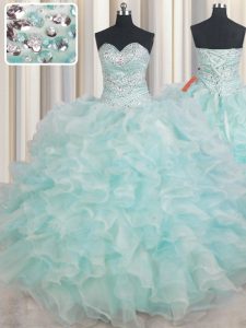 Trendy Light Blue Sleeveless Floor Length Beading and Ruffles Lace Up Sweet 16 Dresses