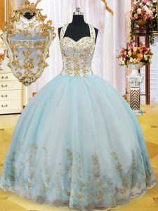 Halter Top Sleeveless Lace Up 15 Quinceanera Dress Light Blue Organza