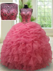 Elegant Scoop Pick Ups See Through Pink Sleeveless Organza Lace Up Ball Gown Prom Dress for Military Ball and Sweet 16 and Quinceanera