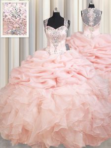Artistic Straps Pick Ups Ball Gowns Sleeveless Pink Quince Ball Gowns Brush Train Zipper