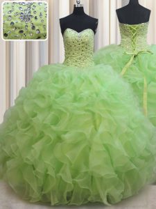 Suitable Yellow Green Lace Up Sweetheart Beading and Ruffles 15th Birthday Dress Organza Sleeveless