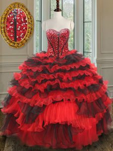 Organza Sweetheart Sleeveless Lace Up Beading Vestidos de Quinceanera in Red And Black
