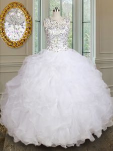White Scoop Neckline Beading and Ruffles Sweet 16 Quinceanera Dress Sleeveless Lace Up