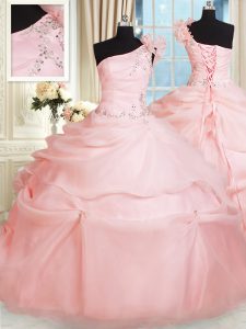 One Shoulder Sleeveless Lace Up Floor Length Beading and Hand Made Flower Ball Gown Prom Dress