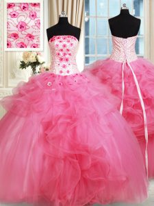 Hot Pink Strapless Lace Up Beading and Appliques and Ruffles Ball Gown Prom Dress Sleeveless