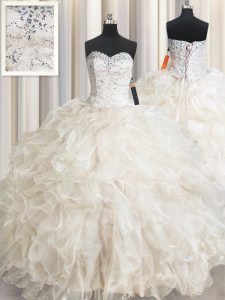 Floor Length Champagne Quinceanera Gown Organza Sleeveless Beading and Lace and Ruffles