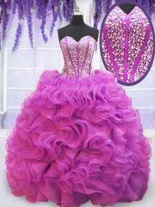 Luxury Purple Organza Lace Up Sweetheart Sleeveless Quinceanera Gowns Brush Train Beading and Ruffles