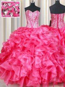 Pretty Hot Pink Lace Up Party Dress Wholesale Beading and Ruffles Sleeveless Floor Length