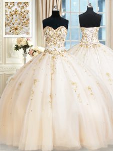Designer Champagne Tulle Lace Up Quinceanera Gown Sleeveless Floor Length Beading