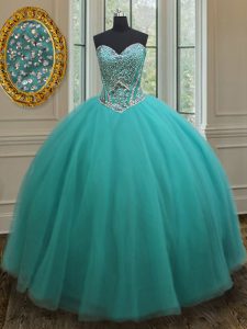 Pretty Turquoise Ball Gowns Sweetheart Sleeveless Tulle Floor Length Lace Up Beading Ball Gown Prom Dress